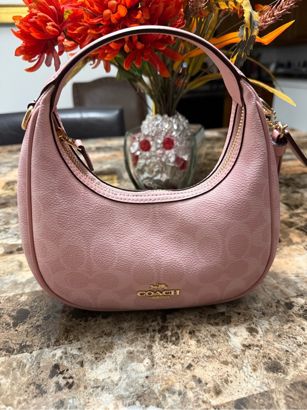 Coach Blush Pink Leather Crescent Shoulder Bag with Gold Hardware